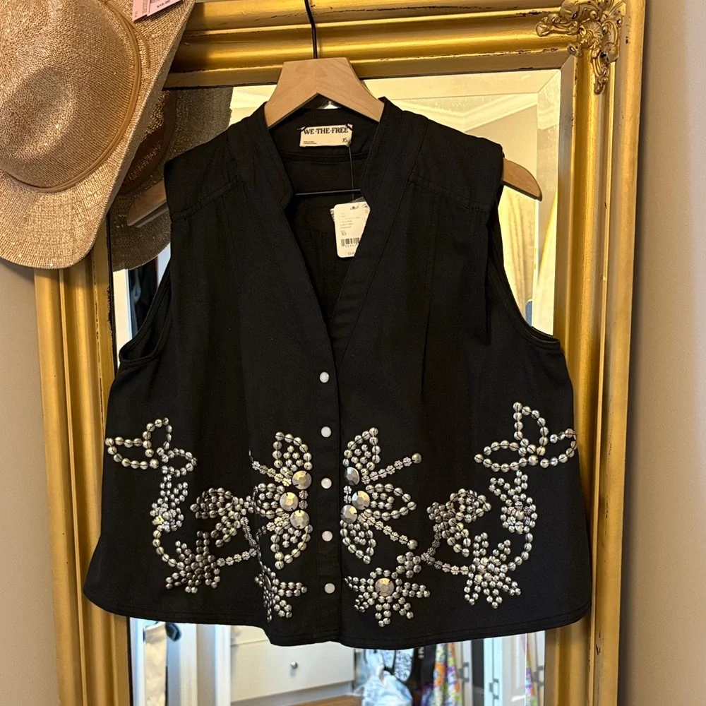 Free People Black Pearl Embellished Blouse - Picture 1 of 13